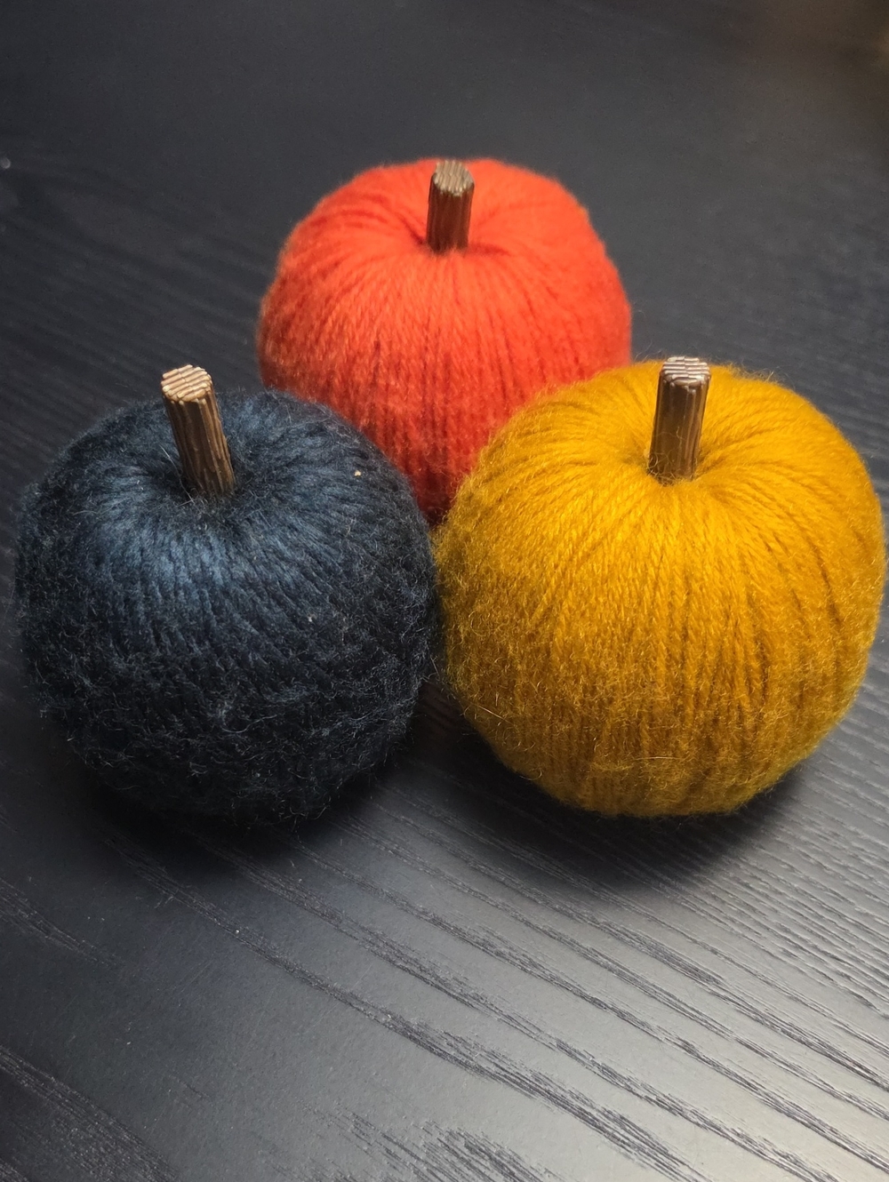 Handmade Yarn Pumpkins Trio - Black, Orange, Mustard - Home Art
